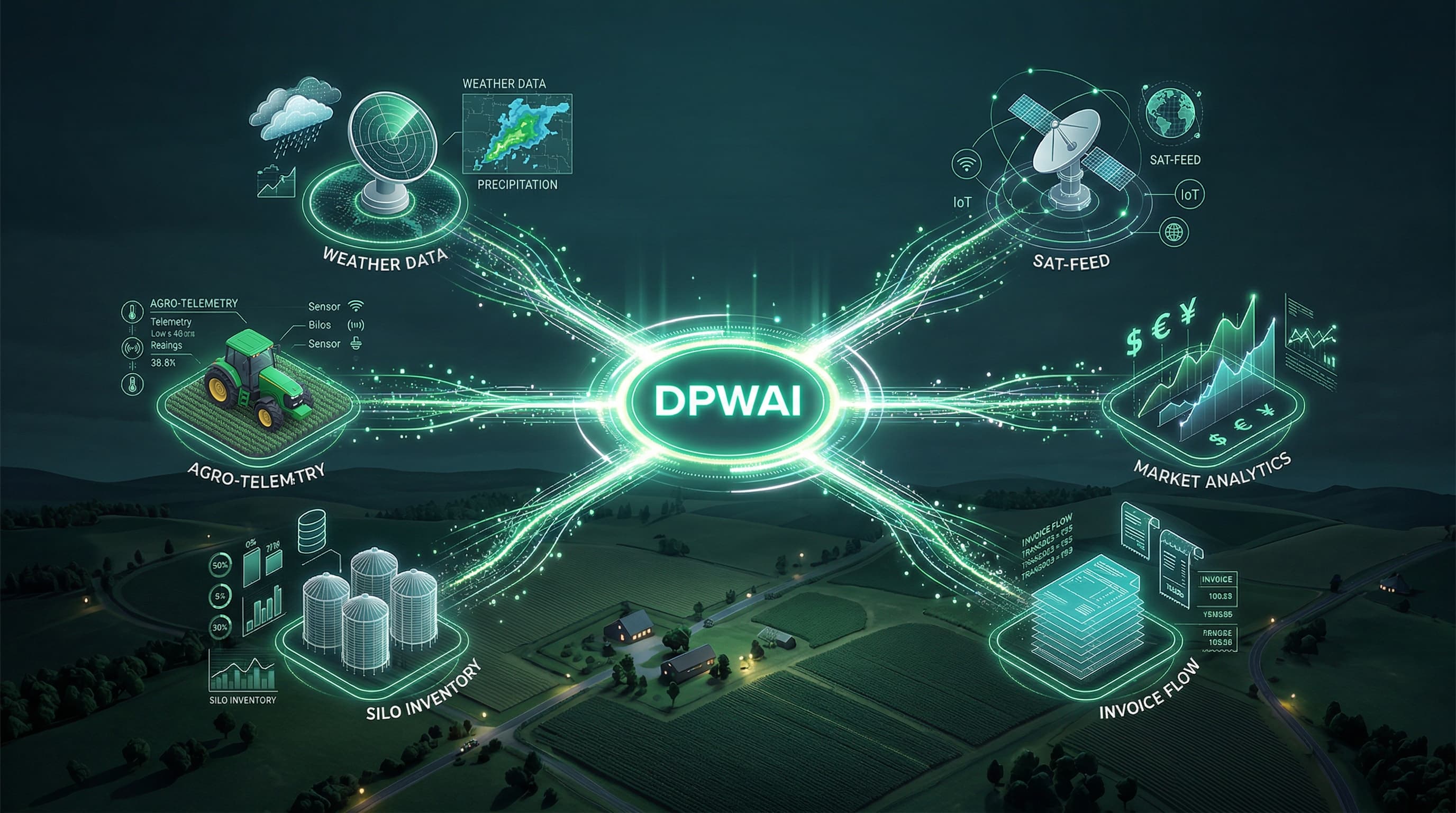 DPWAI Agro como hub central de dados conectando telemetria, silos, clima, financeiro, IoT e notas fiscais
