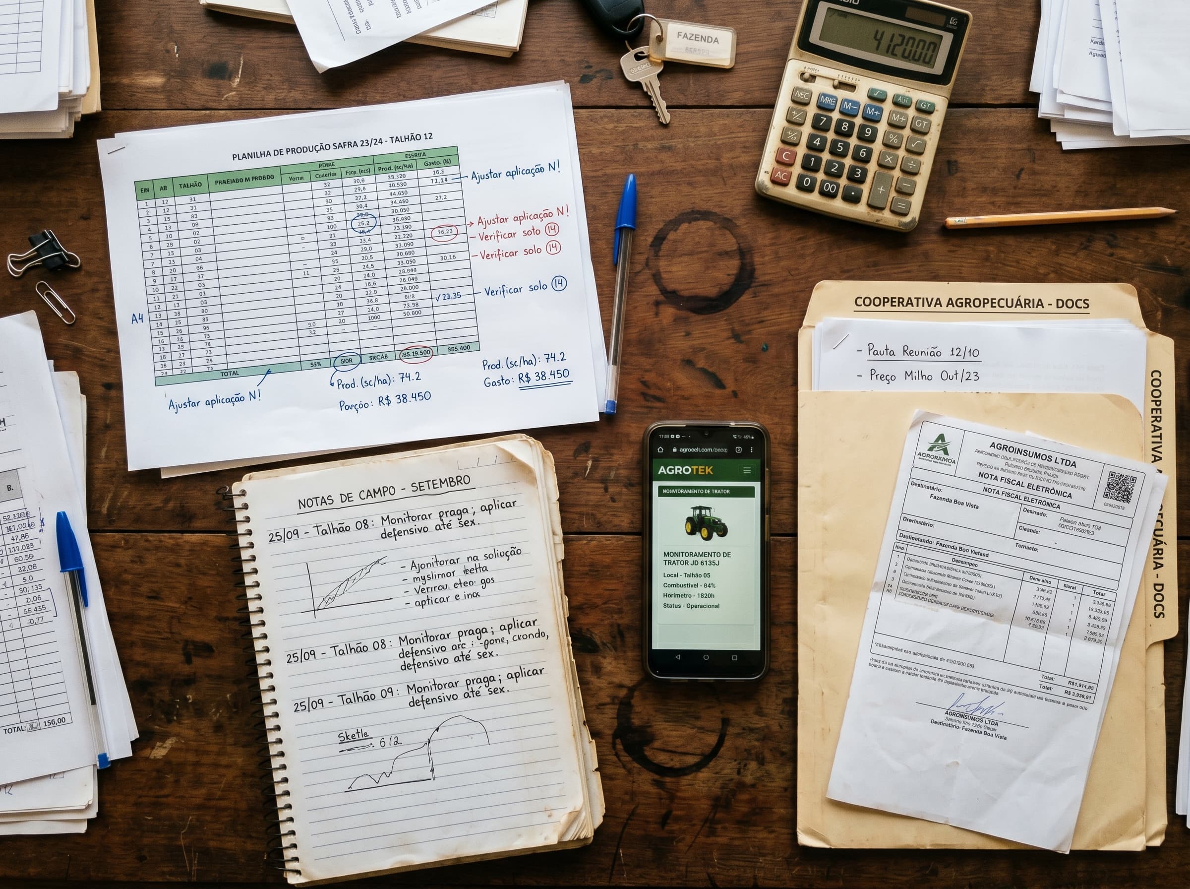 Mesa de escritório de fazenda com planilhas, caderno de campo, documentos da cooperativa, notas fiscais e celular